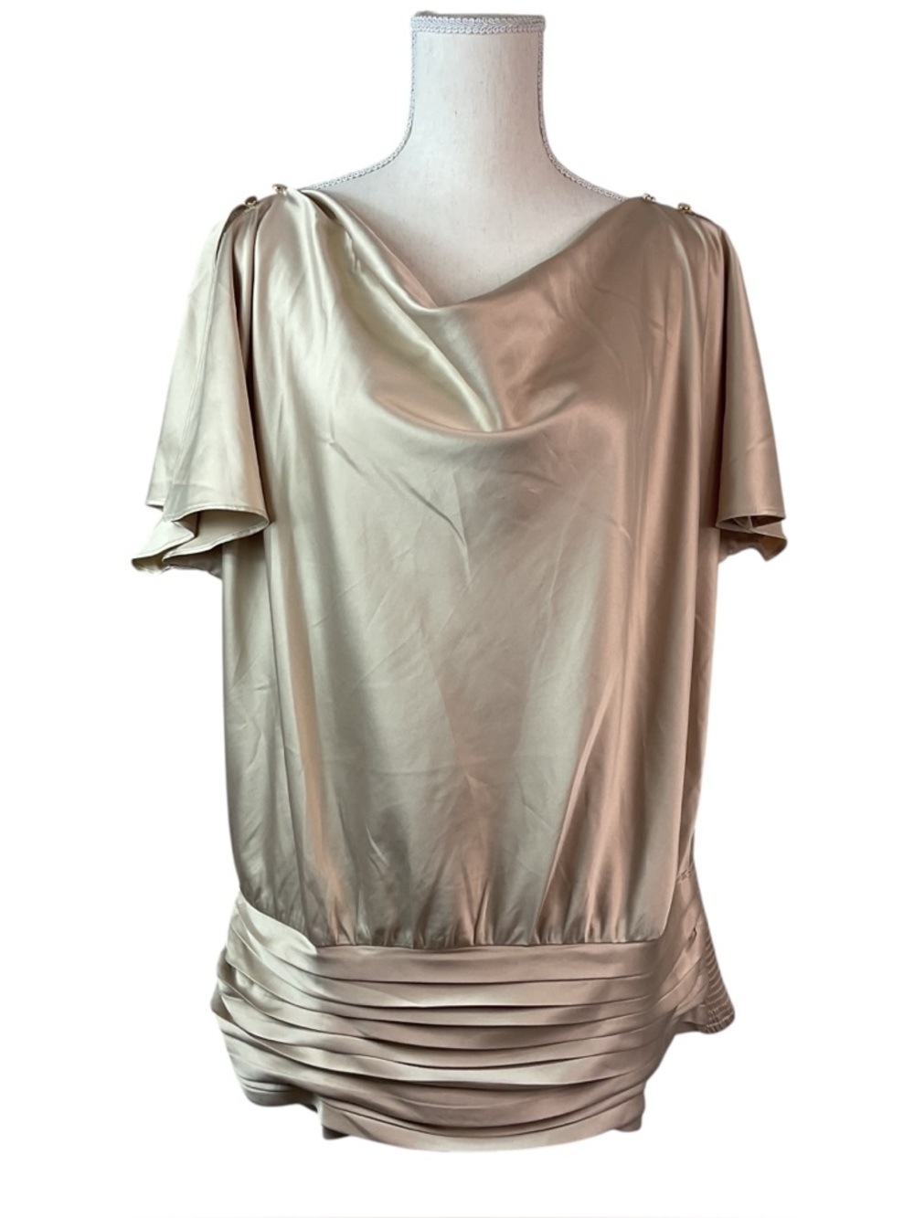 White House Black Market Satin Drape-Neck Blouse in Champagne XL